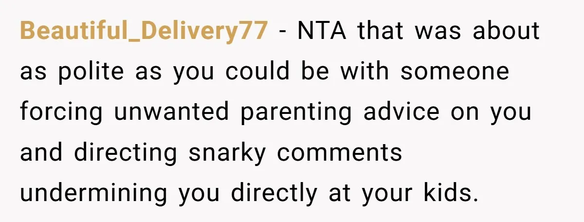 Beautiful_Delivery77 − NTA that was about as polite as you could be with someone forcing unwanted parenting advice on you and directing snarky comments undermining you directly at your kids.