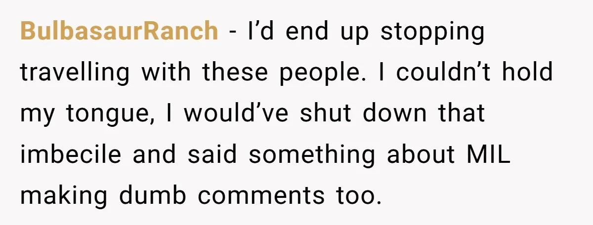 BulbasaurRanch − I’d end up stopping travelling with these people. I couldn’t hold my tongue, I would’ve shut down that imbecile and said something about MIL making dumb comments too.