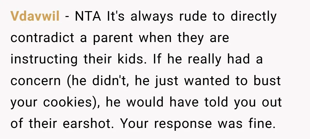 Vdavwil − NTA It's always rude to directly contradict a parent when they are instructing their kids. If he really had a concern (he didn't, he just wanted to bust...