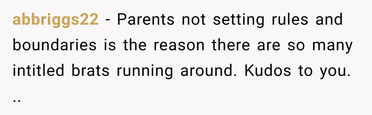 abbriggs22 − Parents not setting rules and boundaries is the reason there are so many intitled brats running around. Kudos to you. ..