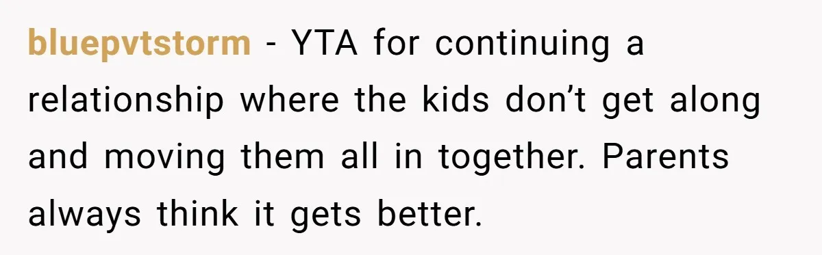 bluepvtstorm − YTA for continuing a relationship where the kids don’t get along and moving them all in together. Parents always think it gets better.