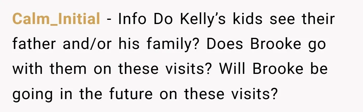 Calm_Initial − Info Do Kelly’s kids see their father and/or his family? Does Brooke go with them on these visits? Will Brooke be going in the future on these visits?