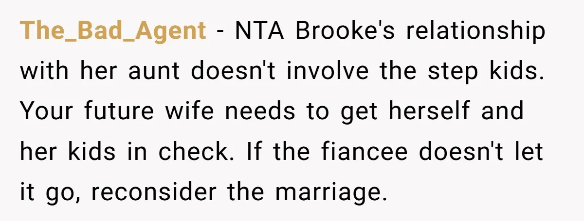 The_Bad_Agent − NTA Brooke's relationship with her aunt doesn't involve the step kids. Your future wife needs to get herself and her kids in check. If the fiancee doesn't let...