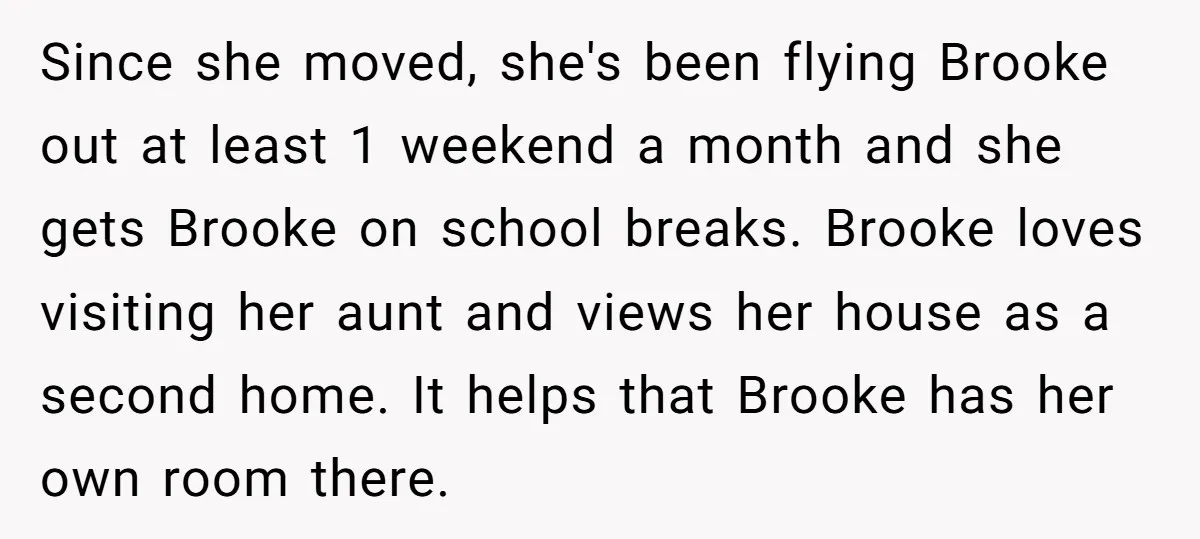 Since she moved, she's been flying Brooke out at least 1 weekend a month and she gets Brooke on school breaks. Brooke loves visiting her aunt and views her house...