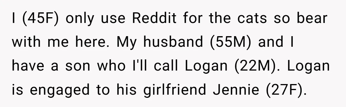I (45F) only use Reddit for the cats so bear with me here. My husband (55M) and I have a son who I'll call Logan (22M). Logan is engaged to...