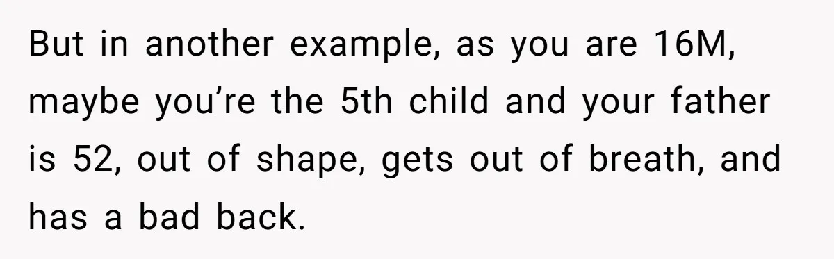 But in another example, as you are 16M, maybe you’re the 5th child and your father is 52, out of shape, gets out of breath, and has a bad back.