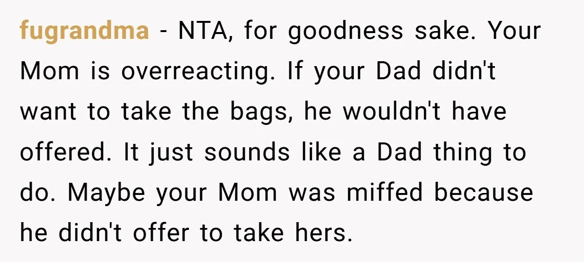 fugrandma − NTA, for goodness sake. Your Mom is overreacting. If your Dad didn't want to take the bags, he wouldn't have offered. It just sounds like a Dad thing...