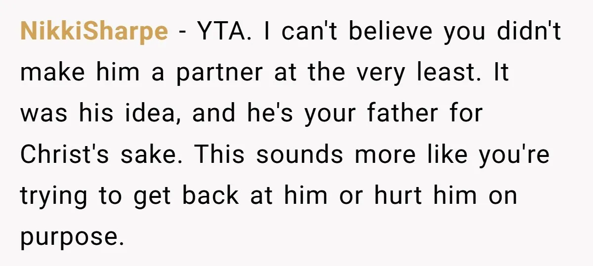 NikkiSharpe − YTA. I can't believe you didn't make him a partner at the very least. It was his idea, and he's your father for Christ's sake. This sounds more...