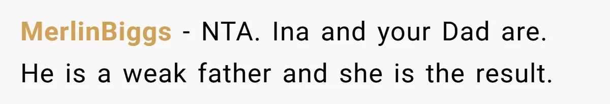 MerlinBiggs - NTA. Ina and your Dad are. He is a weak father and she is the result.