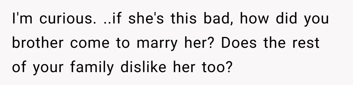 I'm curious. ..if she's this bad, how did you brother come to marry her? Does the rest of your family dislike her too?
