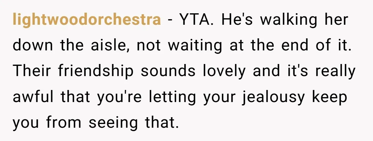 lightwoodorchestra − YTA. He's walking her down the aisle, not waiting at the end of it. Their friendship sounds lovely and it's really awful that you're letting your jealousy keep...