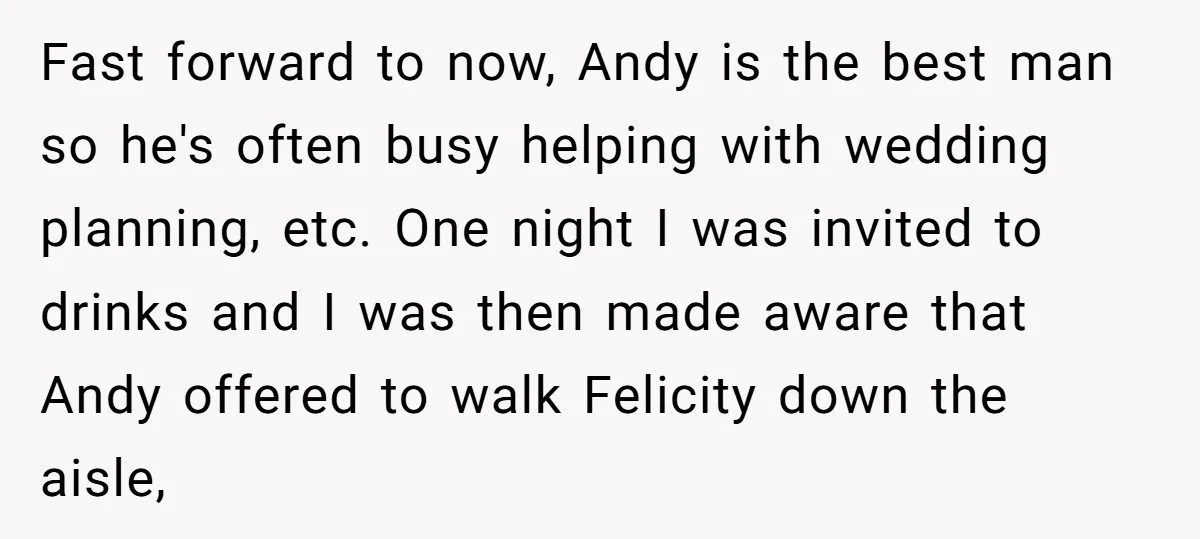Fast forward to now, Andy is the best man so he's often busy helping with wedding planning, etc. One night I was invited to drinks and I was then made...