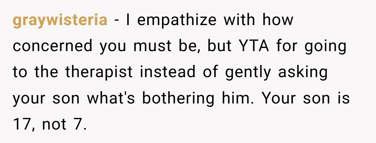 graywisteria − I empathize with how concerned you must be, but YTA for going to the therapist instead of gently asking your son what's bothering him. Your son is 17,...