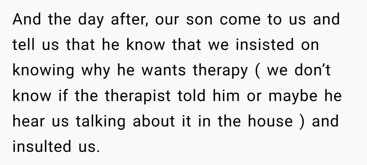 And the day after, our son come to us and tell us that he know that we insisted on knowing why he wants therapy ( we don’t know if the...