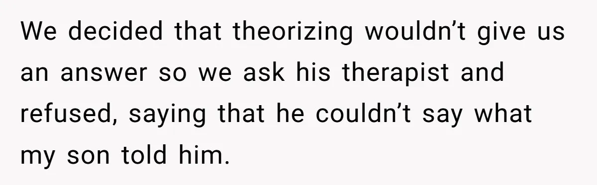 We decided that theorizing wouldn’t give us an answer so we ask his therapist and refused, saying that he couldn’t say what my son told him.