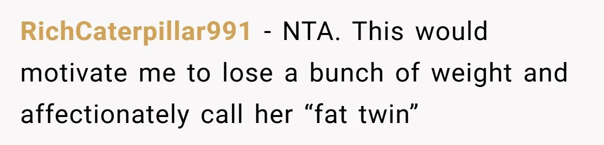 RichCaterpillar991 − NTA. This would motivate me to lose a bunch of weight and affectionately call her “fat twin”