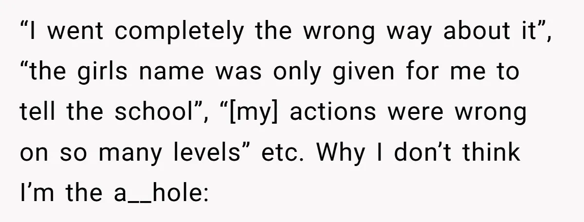 “I went completely the wrong way about it”, “the girls name was only given for me to tell the school”, “[my] actions were wrong on so many levels” etc. Why...
