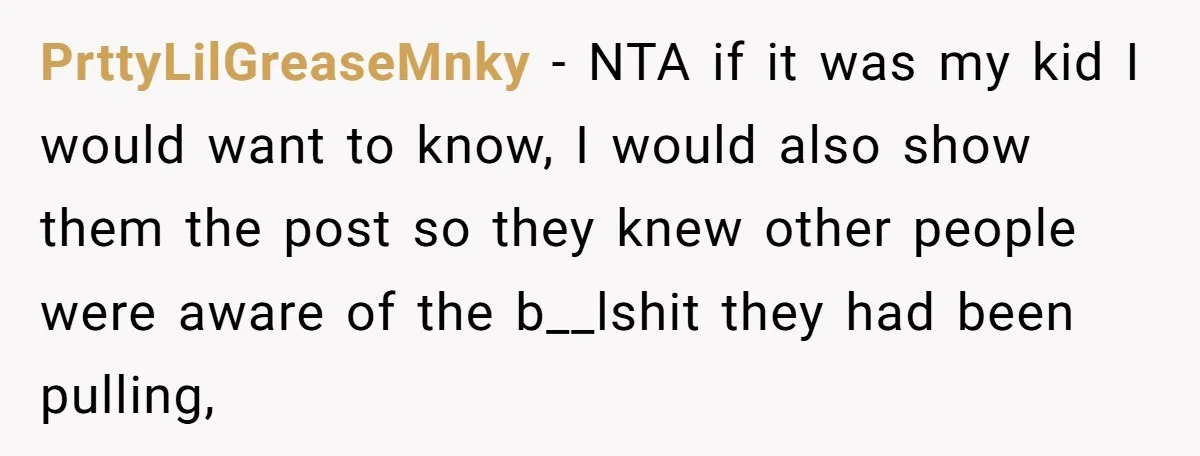 PrttyLilGreaseMnky − NTA if it was my kid I would want to know, I would also show them the post so they knew other people were aware of the b__lshit...
