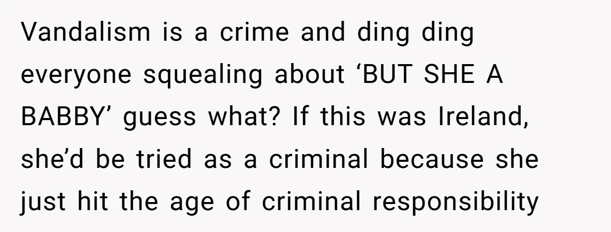 Vandalism is a crime and ding ding everyone squealing about ‘BUT SHE A BABBY’ guess what? If this was Ireland, she’d be tried as a criminal because she just hit...