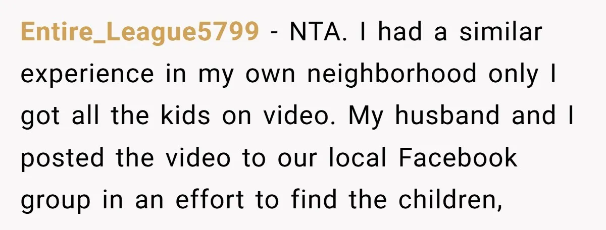 Entire_League5799 − NTA. I had a similar experience in my own neighborhood only I got all the kids on video. My husband and I posted the video to our local...