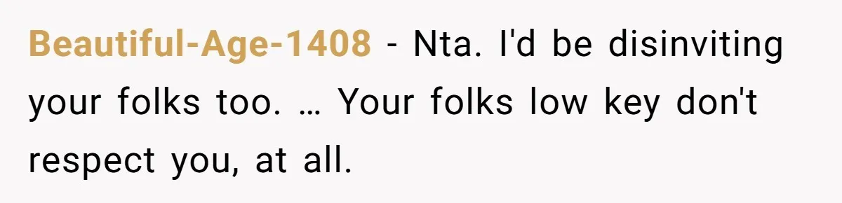 Beautiful-Age-1408 − Nta. I'd be disinviting your folks too. … Your folks low key don't respect you, at all.