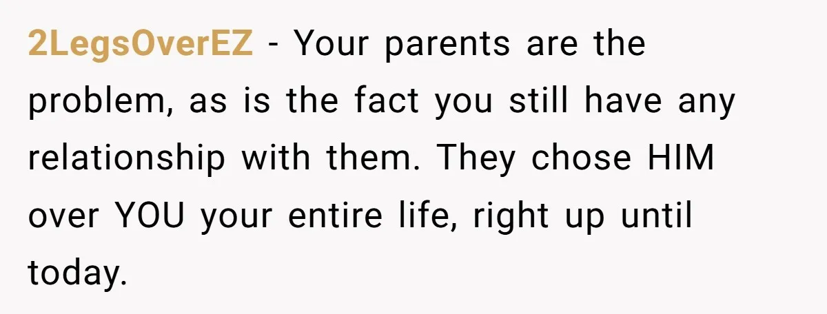 2LegsOverEZ − Your parents are the problem, as is the fact you still have any relationship with them. They chose HIM over YOU your entire life, right up until today.