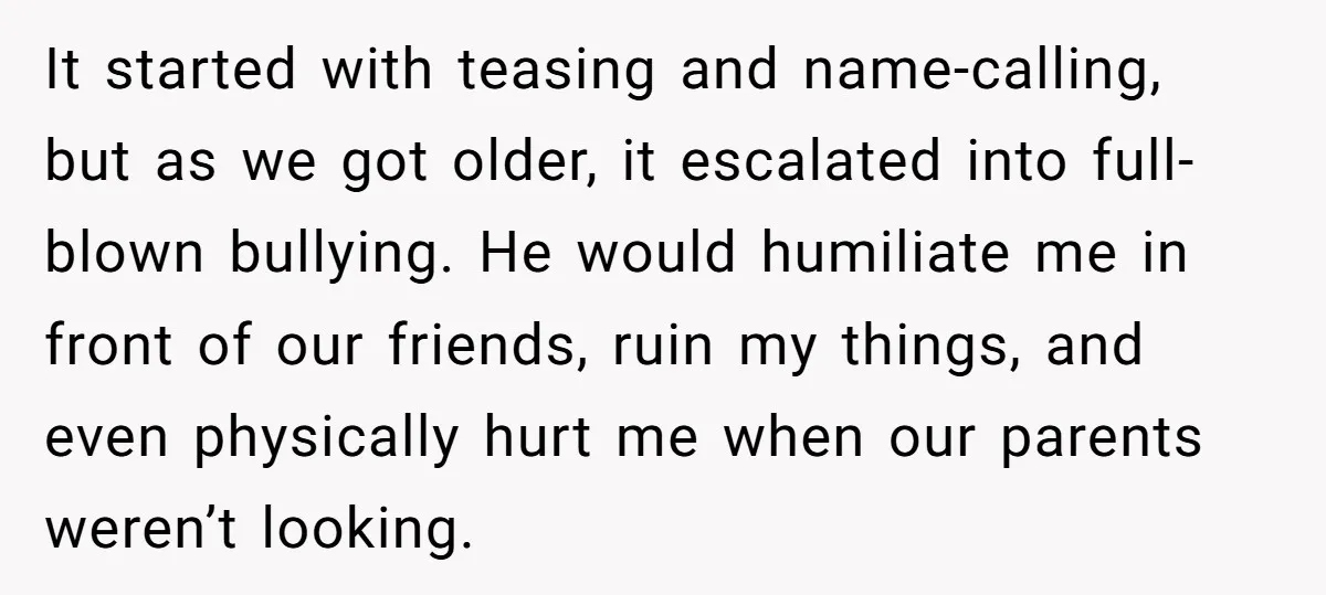 It started with teasing and name-calling, but as we got older, it escalated into full-blown bullying. He would humiliate me in front of our friends, ruin my things, and even...