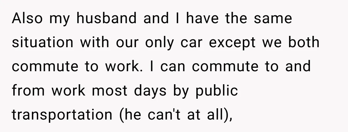 Also my husband and I have the same situation with our only car except we both commute to work. I can commute to and from work most days by public...