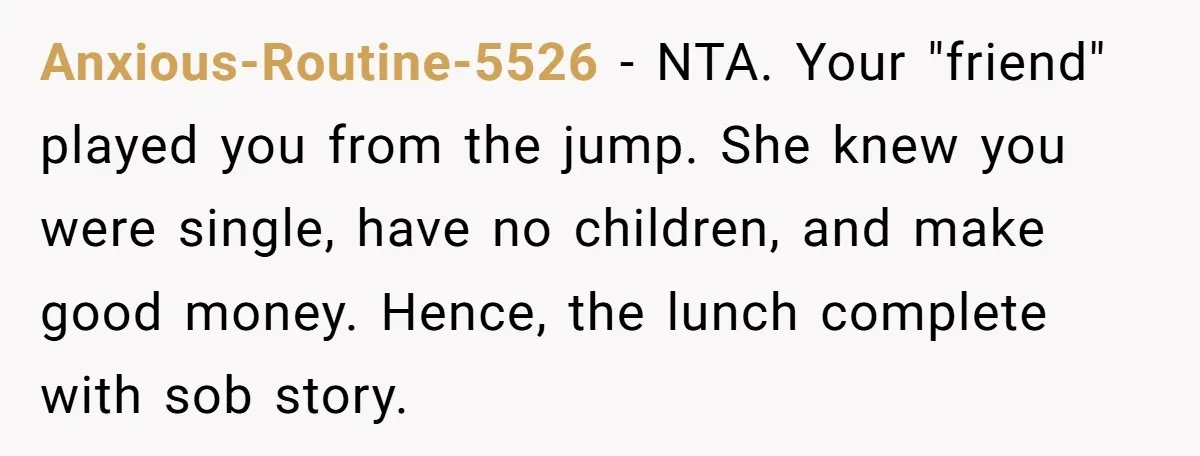 Anxious-Routine-5526 − NTA. Your "friend" played you from the jump. She knew you were single, have no children, and make good money. Hence, the lunch complete with sob story.