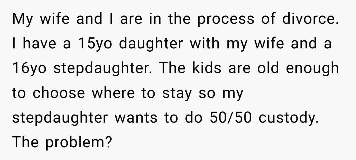 My wife and I are in the process of divorce. I have a 15yo daughter with my wife and a 16yo stepdaughter. The kids are old enough to choose where...