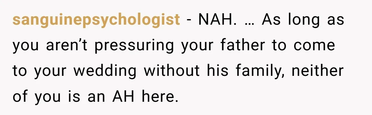 sanguinepsychologist − NAH. … As long as you aren’t pressuring your father to come to your wedding without his family, neither of you is an AH here.