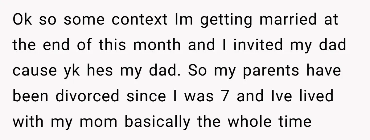 Ok so some context Im getting married at the end of this month and I invited my dad cause yk hes my dad. So my parents have been divorced since...