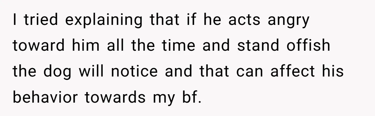 I tried explaining that if he acts angry toward him all the time and stand offish the dog will notice and that can affect his behavior towards my bf.
