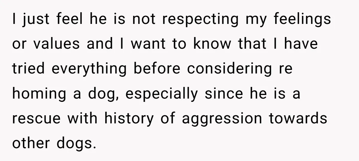 I just feel he is not respecting my feelings or values and I want to know that I have tried everything before considering re homing a dog, especially since he...