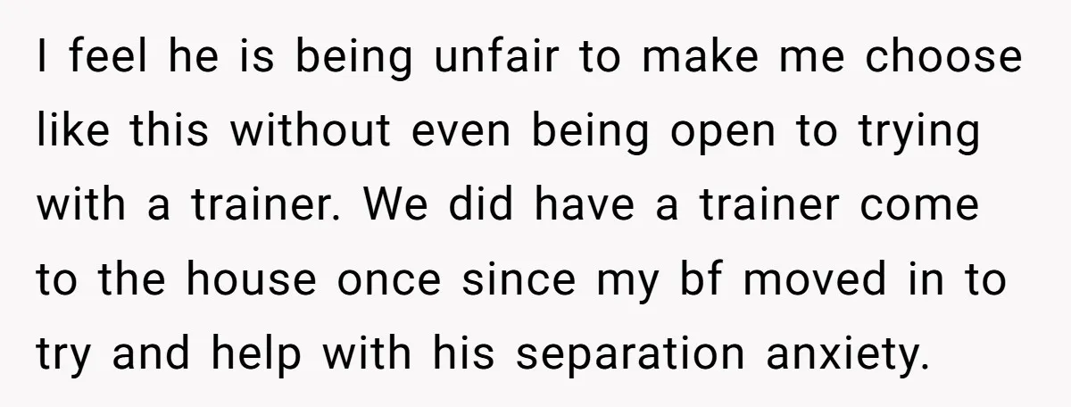 I feel he is being unfair to make me choose like this without even being open to trying with a trainer. We did have a trainer come to the house...