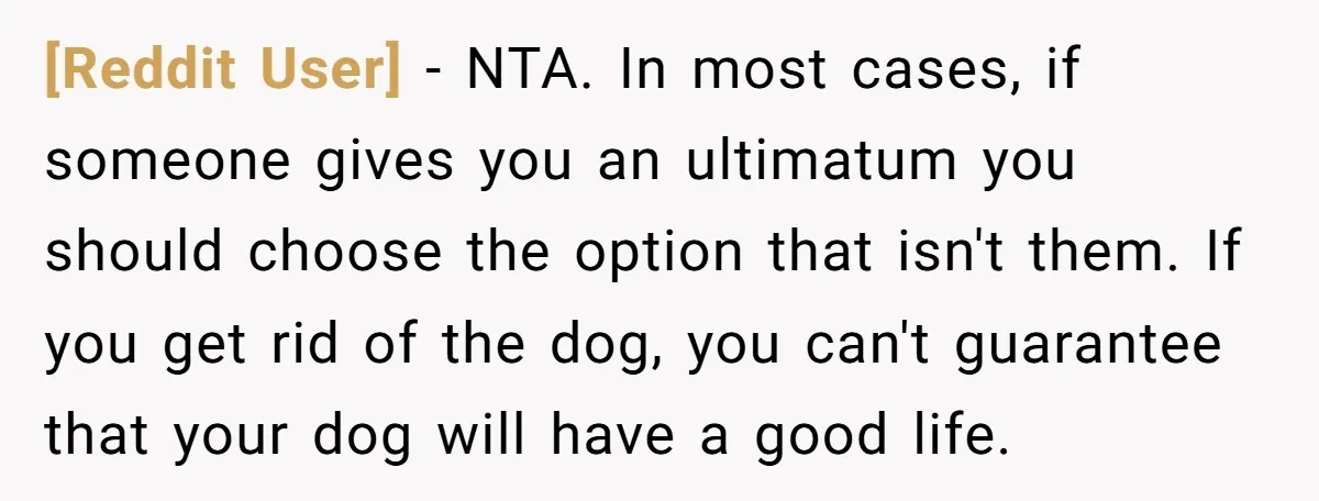 [Reddit User] − NTA. In most cases, if someone gives you an ultimatum you should choose the option that isn't them. If you get rid of the dog, you can't...