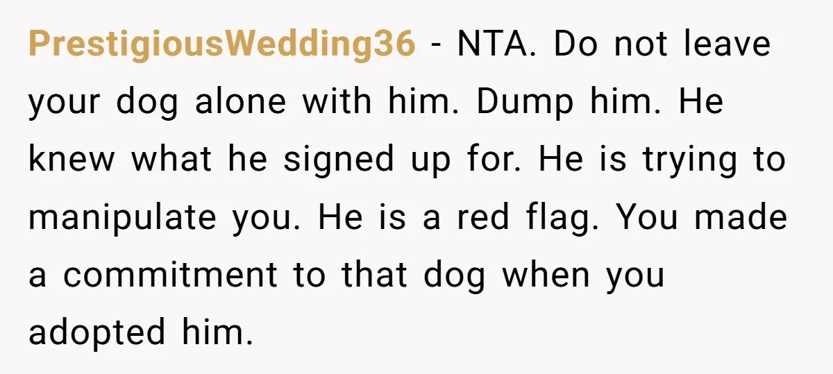 PrestigiousWedding36 − NTA. Do not leave your dog alone with him. Dump him. He knew what he signed up for. He is trying to manipulate you. He is a red...