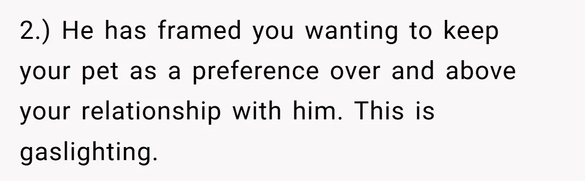 2.) He has framed you wanting to keep your pet as a preference over and above your relationship with him. This is gaslighting.