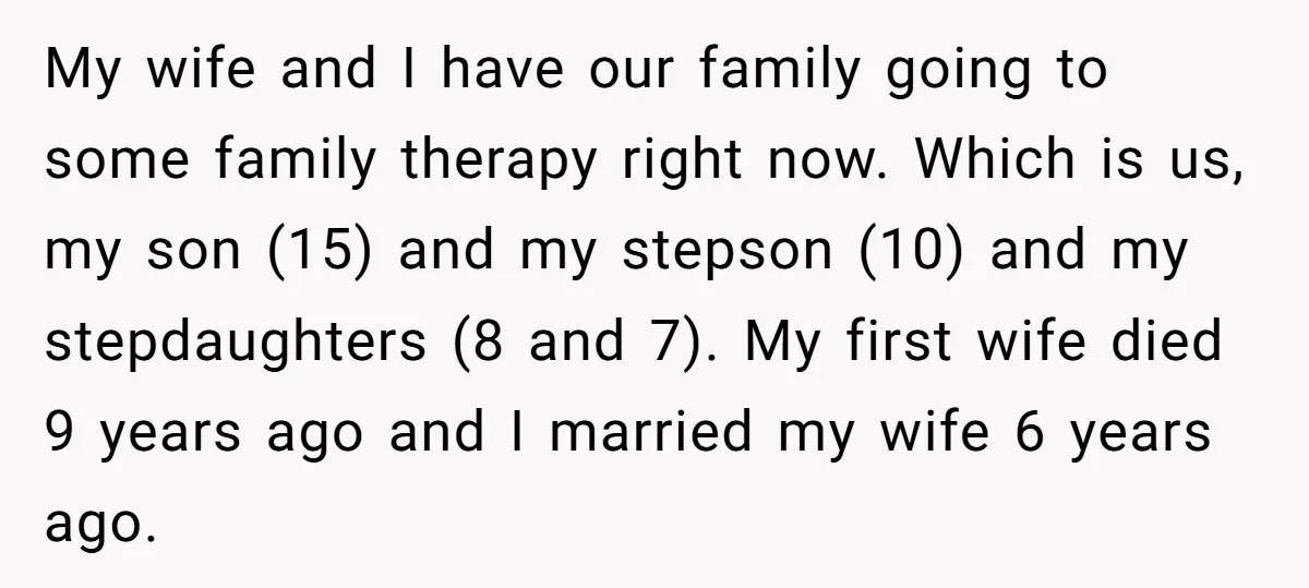 My wife and I have our family going to some family therapy right now. Which is us, my son (15) and my stepson (10) and my stepdaughters (8 and 7)....