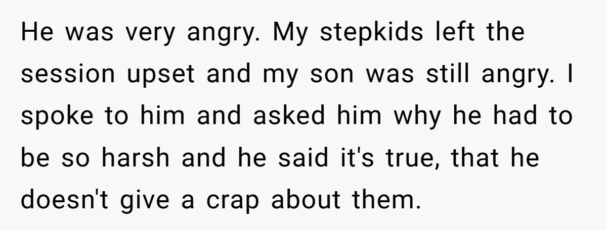 He was very angry. My stepkids left the session upset and my son was still angry. I spoke to him and asked him why he had to be so harsh...