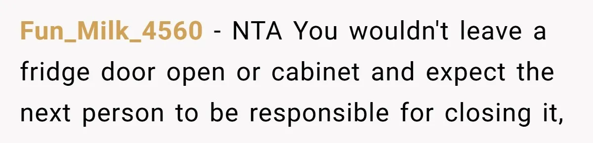 Fun_Milk_4560 − NTA You wouldn't leave a fridge door open or cabinet and expect the next person to be responsible for closing it,