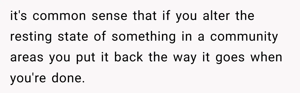 it's common sense that if you alter the resting state of something in a community areas you put it back the way it goes when you're done.