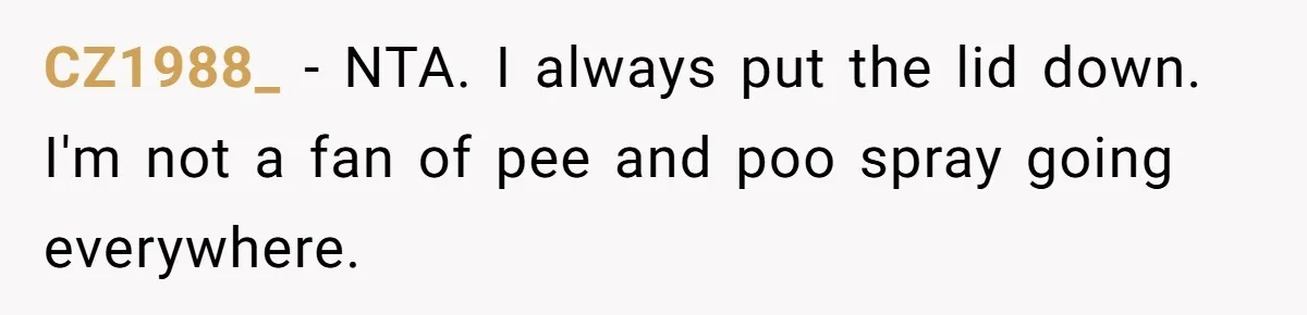 CZ1988_ − NTA. I always put the lid down. I'm not a fan of pee and poo spray going everywhere.