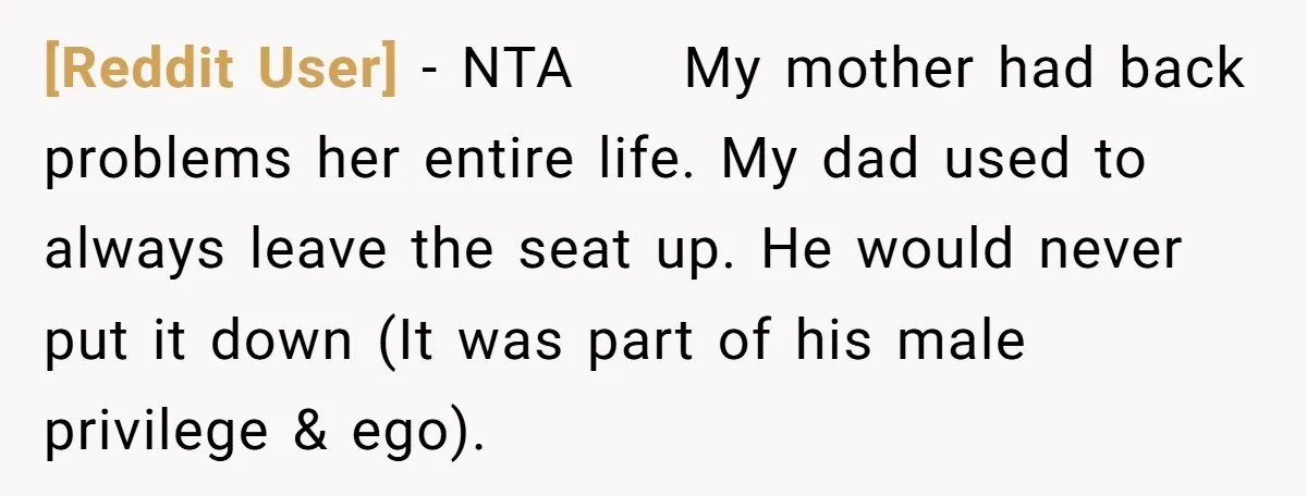 [Reddit User] − NTA 🚽 My mother had back problems her entire life. My dad used to always leave the seat up. He would never put it down (It was...