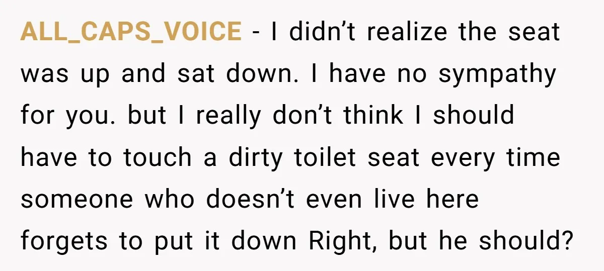 ALL_CAPS_VOICE − I didn’t realize the seat was up and sat down. I have no sympathy for you. but I really don’t think I should have to touch a dirty...