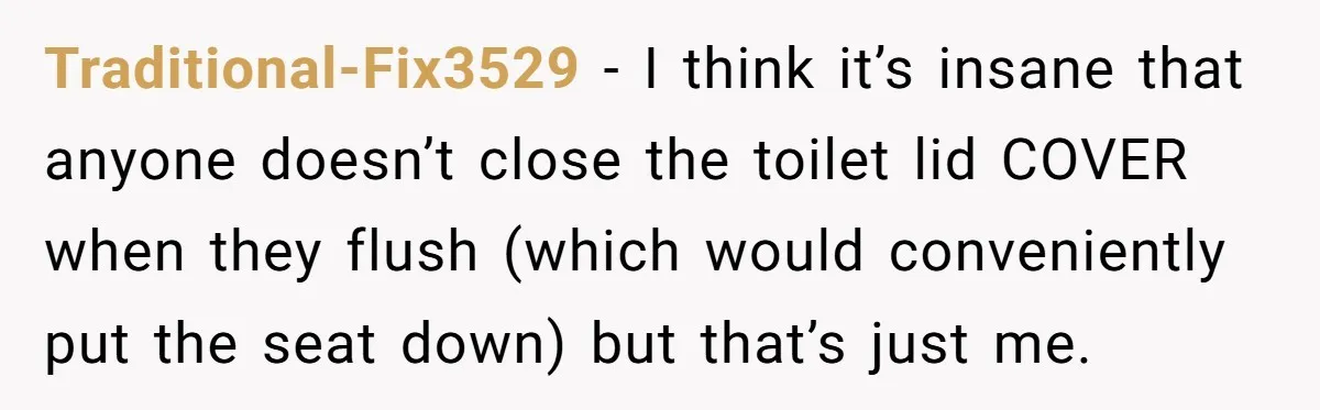 Traditional-Fix3529 − I think it’s insane that anyone doesn’t close the toilet lid COVER when they flush (which would conveniently put the seat down) but that’s just me.