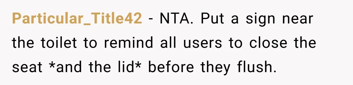 Particular_Title42 − NTA. Put a sign near the toilet to remind all users to close the seat *and the lid* before they flush.