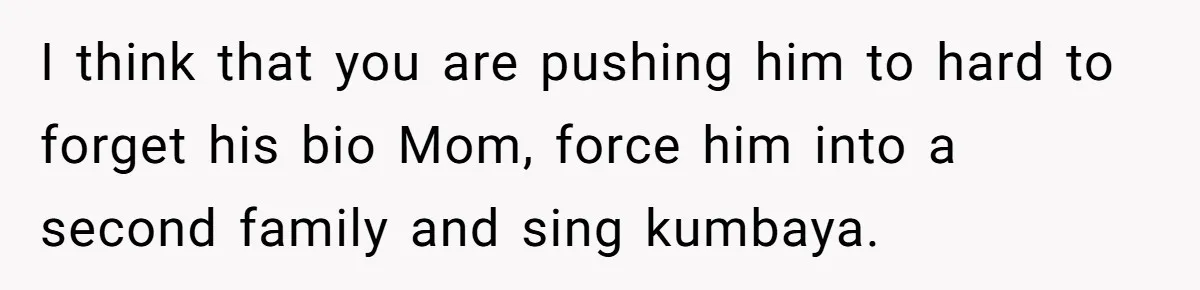 I think that you are pushing him to hard to forget his bio Mom, force him into a second family and sing kumbaya.