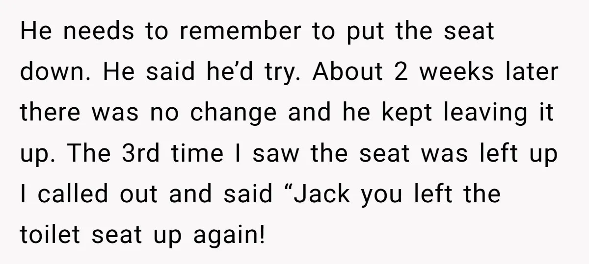 He needs to remember to put the seat down. He said he’d try. About 2 weeks later there was no change and he kept leaving it up. The 3rd time...