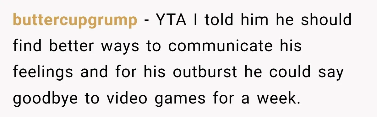 buttercupgrump − YTA I told him he should find better ways to communicate his feelings and for his outburst he could say goodbye to video games for a week.